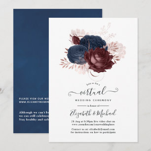 Invitación Boda virtual de Navy, Marrón y Rosa Dourado Floral