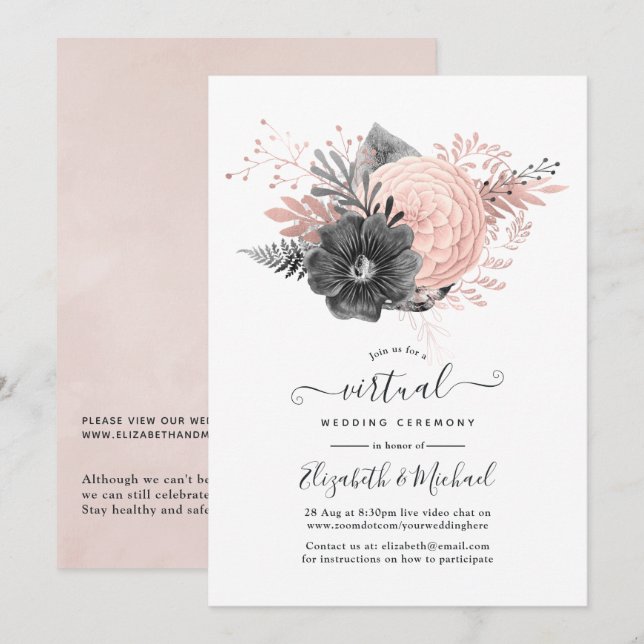 Invitación Boda virtual de Pastel Rubor y Charcoal Floral (Anverso / Reverso)