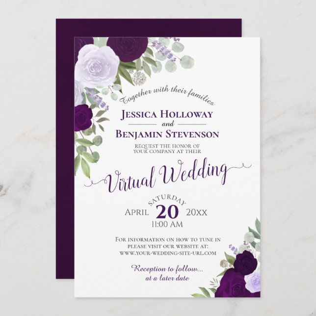 Invitación Boda virtual de platillos y flores púrpura rugosas (Anverso / Reverso)