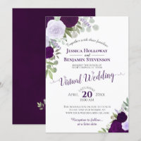 Boda virtual de platillos y flores púrpura rugosas