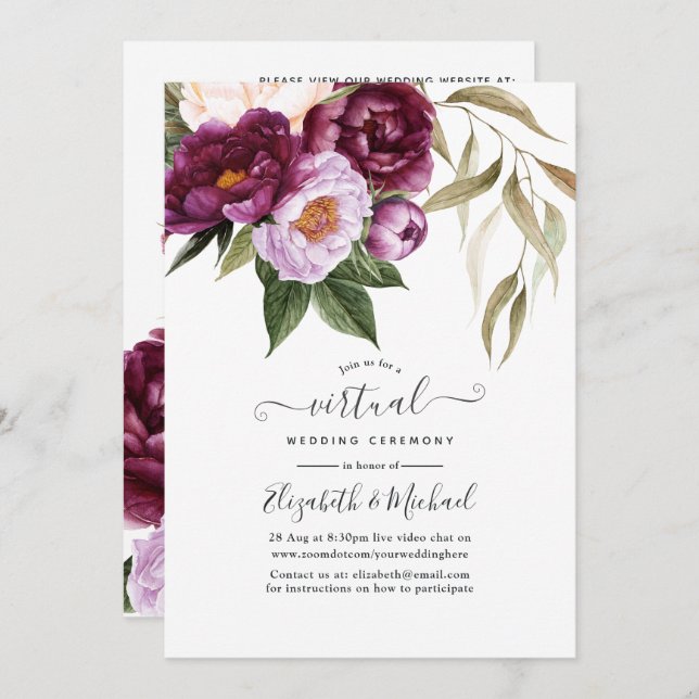 Invitación Boda virtual de plutinas violetas y pasteles (Anverso / Reverso)