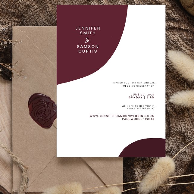 Invitación Boda virtual de resumen moderno de Borgoña (Subido por el creador)