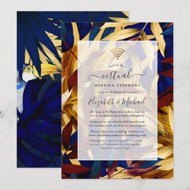 Invitación Boda virtual de Toucan Tropical Forestal Exótico (Anverso / Reverso)