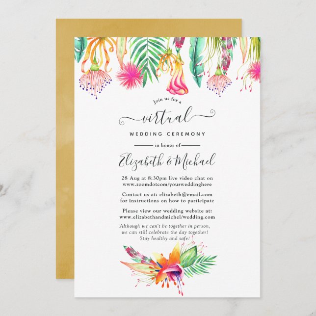 Invitación Boda virtual de verano tropical floral en línea (Anverso / Reverso)