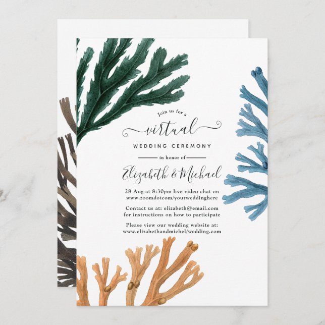Invitación Boda virtual de Watercolor Seaweed Beach Online (Anverso / Reverso)