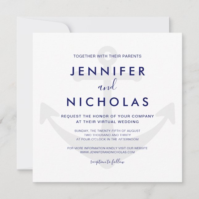 Invitación Boda virtual del ancla náutica azul de la Marina m (Anverso)