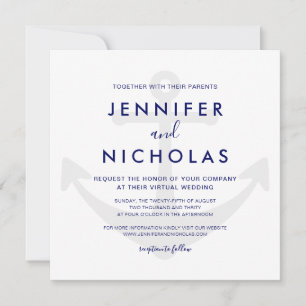 Invitación Boda virtual del ancla náutica azul de la Marina m