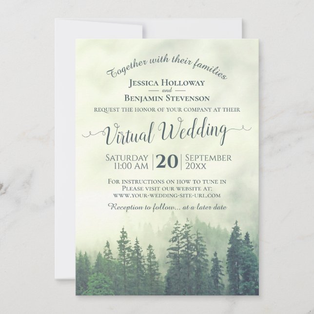 Invitación Boda virtual del bosque de pinos verdes de niebla  (Anverso)