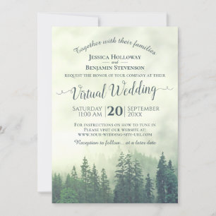 Invitación Boda virtual del bosque de pinos verdes de niebla