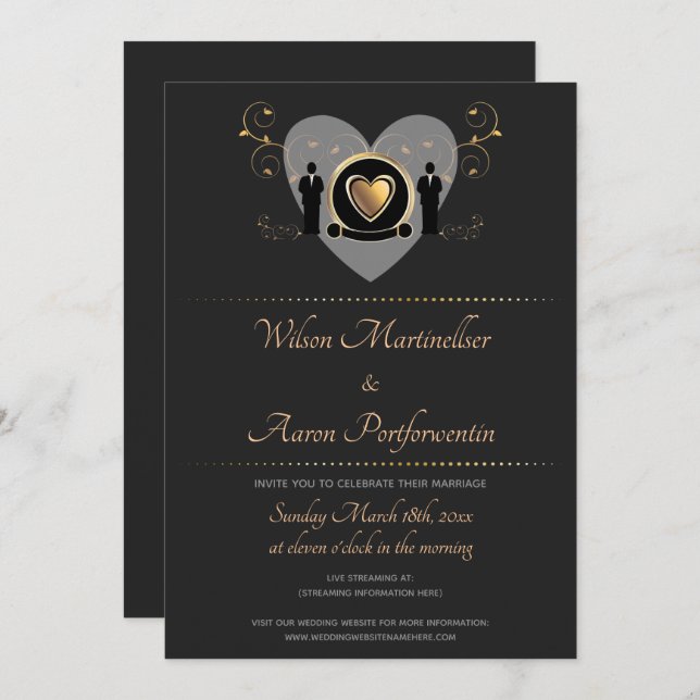 Invitación Boda virtual del macho del corazón del oro (Anverso / Reverso)