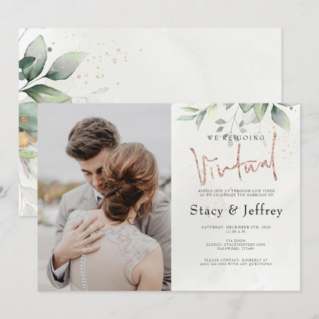 Invitación Boda virtual del oro ruso del eucalipto (Anverso / Reverso)
