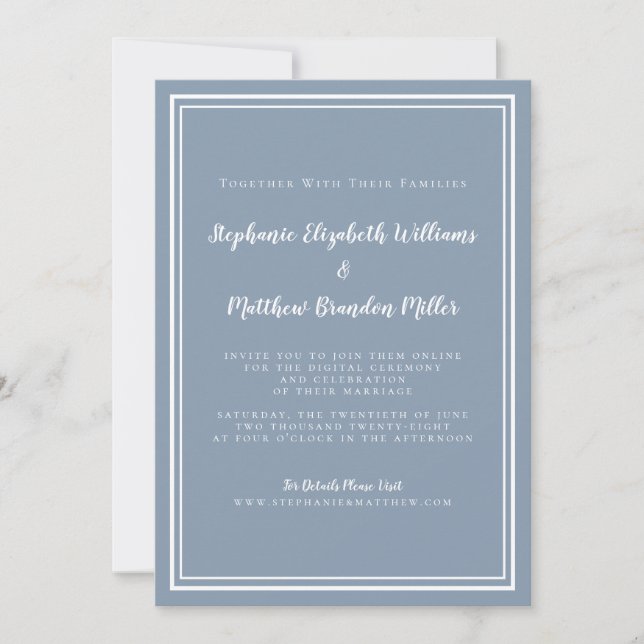 Invitación Boda Virtual Dusty Blue Minimalista Transmisión en (Anverso)