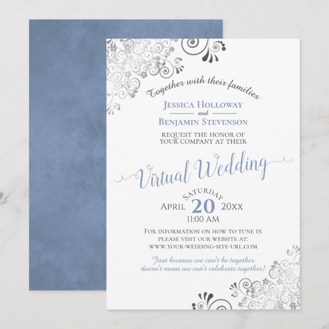 Invitación Boda virtual elegante azul y blanco de Lacy Silver (Anverso / Reverso)