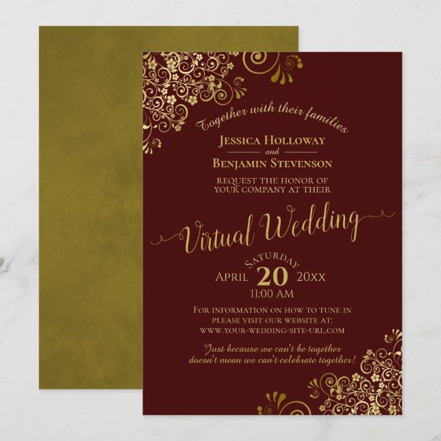 Invitación Boda virtual elegante de Borgoña (Anverso / Reverso)