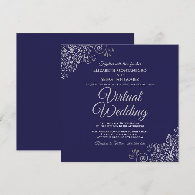 Invitación Boda virtual elegante de Navy Blue & Lacy Silver (Anverso / Reverso)