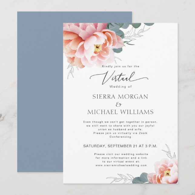 Invitación Boda virtual elegante Floral Rubor Dusty Blue (Anverso / Reverso)