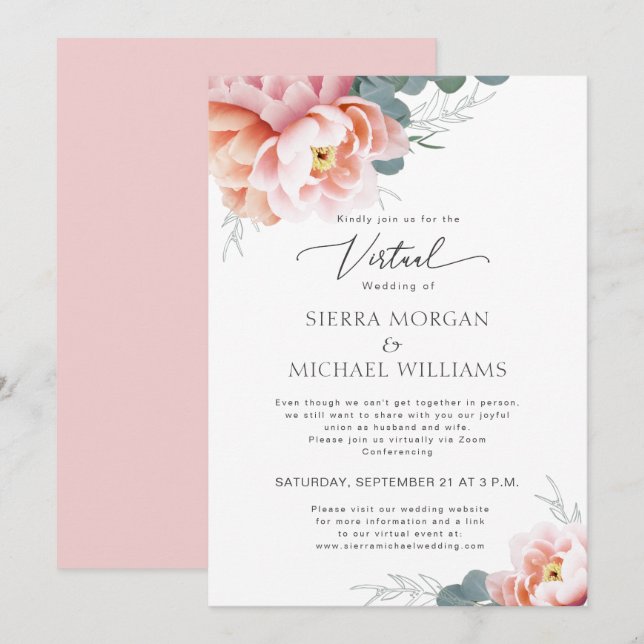 Invitación Boda virtual elegante Rubor floral Peony rosado (Anverso / Reverso)