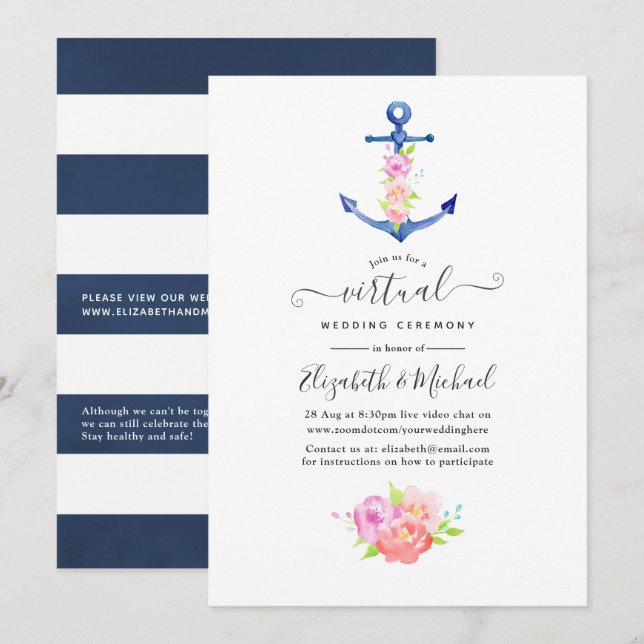 Invitación Boda virtual en línea acuarela náutica (Anverso / Reverso)