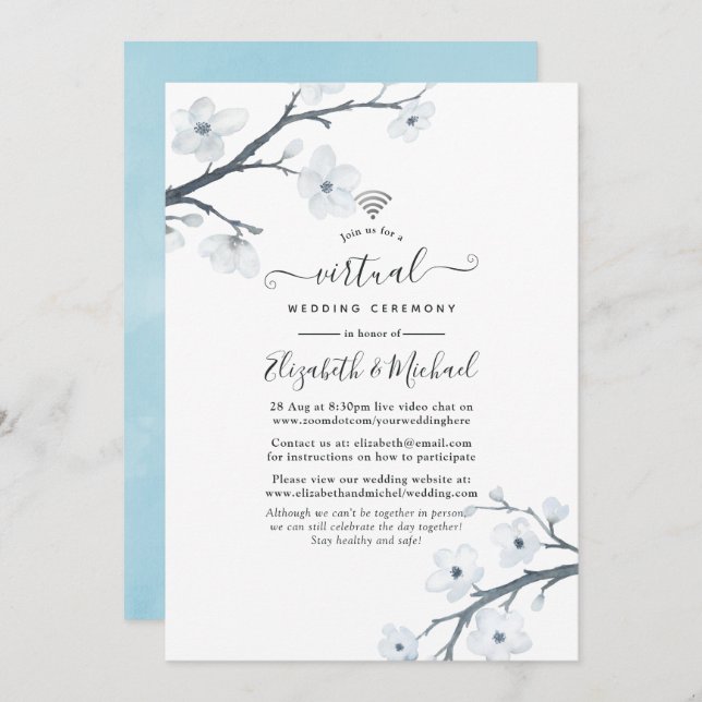 Invitación Boda virtual en línea con flores de cerezo blanco (Anverso / Reverso)