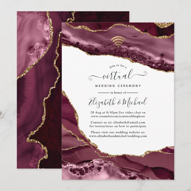 Invitación Boda virtual en línea de ágata dorada y borgoña (Anverso / Reverso)