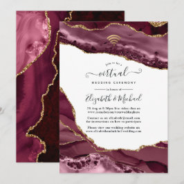 Invitación Boda virtual en línea de ágata dorada y borgoña