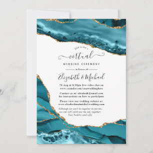 Invitación Boda virtual en línea de ágata turquesa y dorada