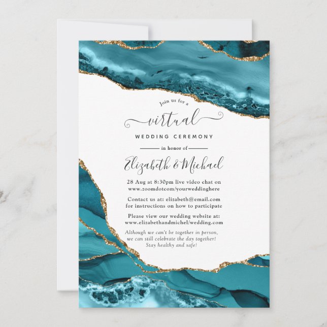 Invitación Boda virtual en línea de ágata turquesa y dorada (Anverso)