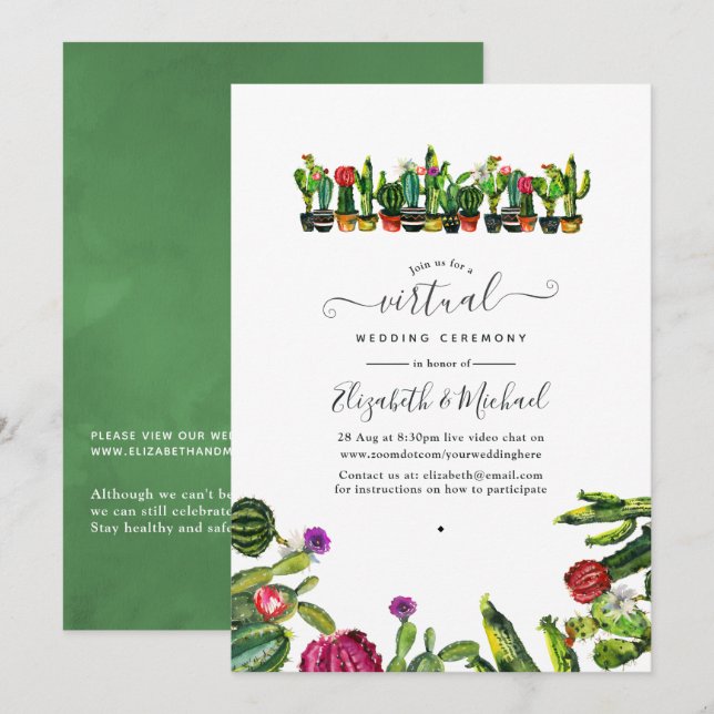 Invitación Boda virtual en línea de cactus suculentos Fiesta (Anverso / Reverso)