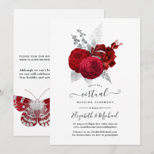 Invitación Boda virtual en línea de rosa vintage roja y plate