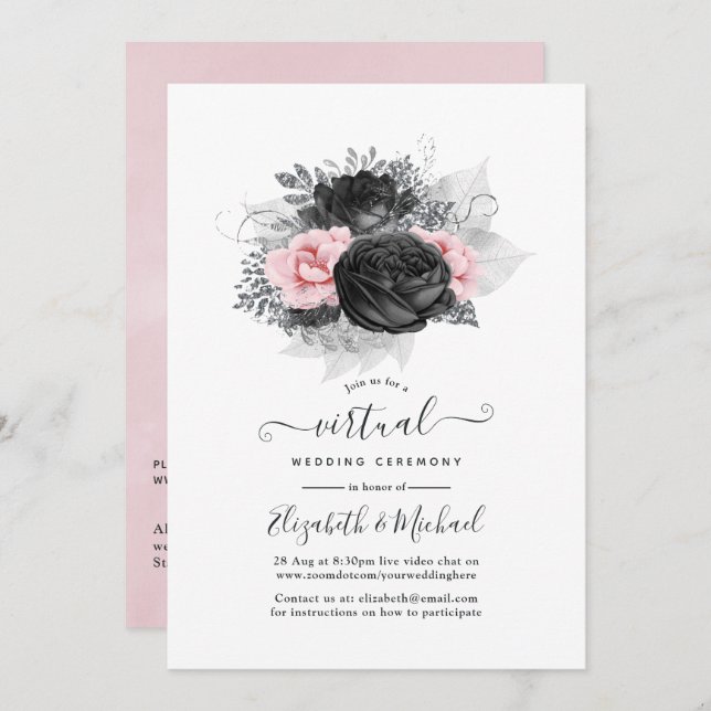 Invitación Boda virtual en línea de Rosas de cosecha negra y  (Anverso / Reverso)