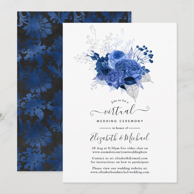 Invitación Boda virtual en línea floral azul real y plata (Anverso / Reverso)