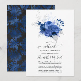 Invitación Boda virtual en línea floral azul real y plata