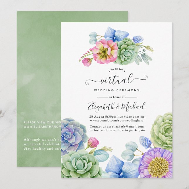 Invitación Boda virtual en línea floral de suculentas de moda (Anverso / Reverso)