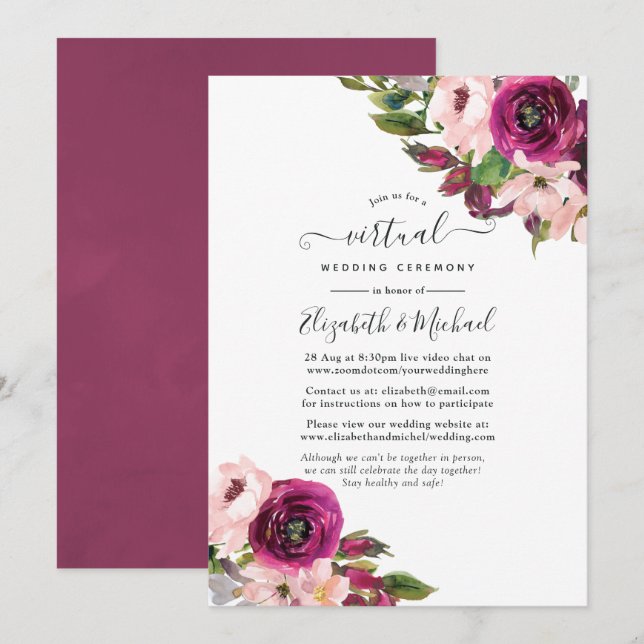 Invitación Boda virtual en línea floral Marsala y rubor (Anverso / Reverso)