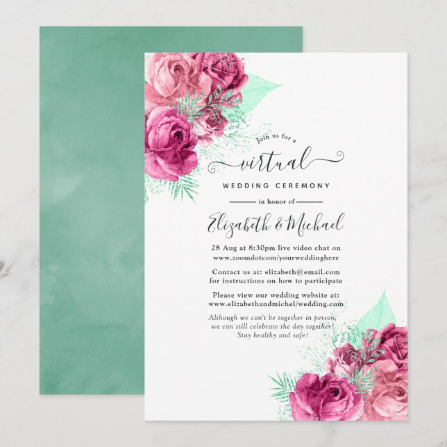 Invitación Boda virtual en línea floral rosa y menta (Anverso / Reverso)