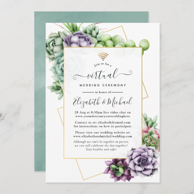 Invitación Boda virtual en línea geométrica suculenta (Anverso / Reverso)