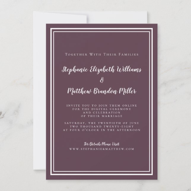Invitación Boda virtual en línea púrpura moderno minimalista (Anverso)