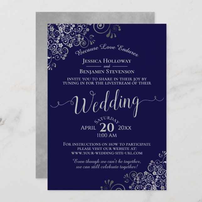 Invitación Boda virtual en vivo de moda naval azul y gris (Anverso / Reverso)