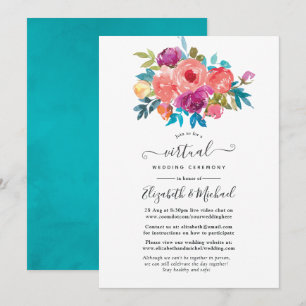Invitación Boda virtual floral coral, turquesa y púrpura