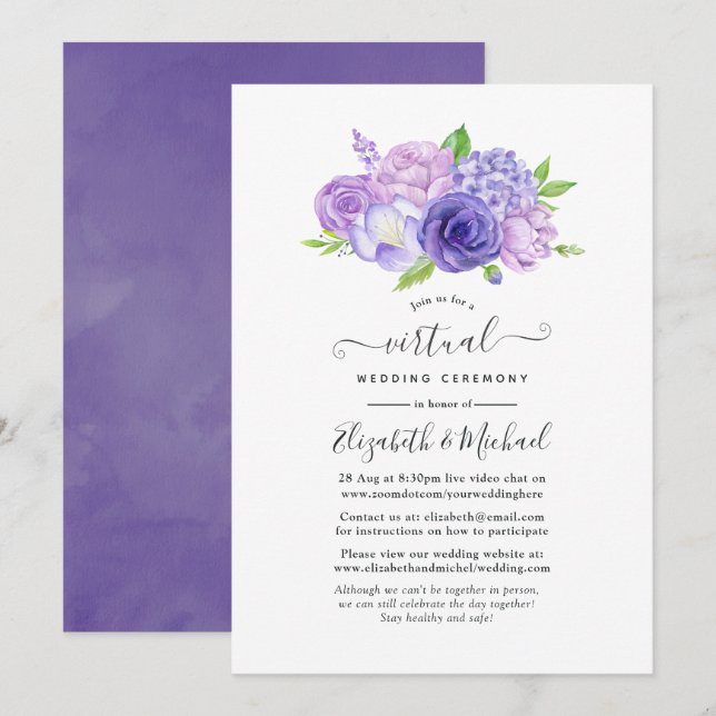 Invitación Boda virtual floral de acuarela ultravioleta (Anverso / Reverso)