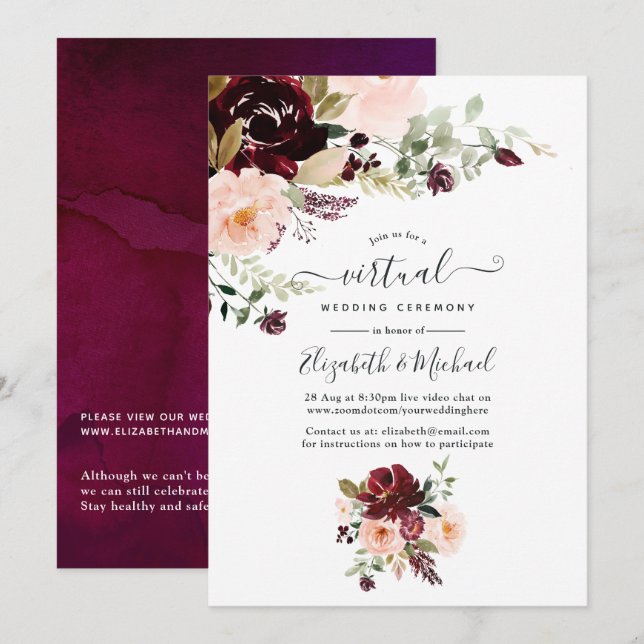 Invitación Boda virtual floral de Berry y Blush de Borgoña (Anverso / Reverso)