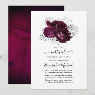 Invitación Boda virtual floral de color burgundy y plata