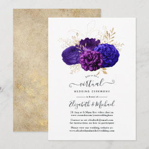 Invitación Boda virtual floral de color púrpura, azul real y 