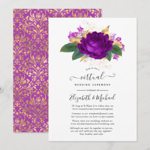 Invitación Boda virtual floral de oro y púrpura real