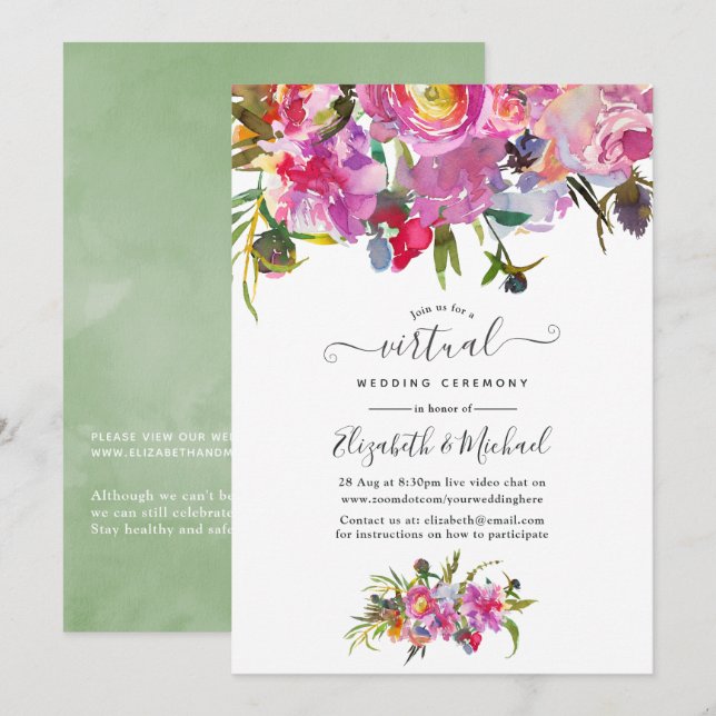 Invitación Boda virtual floral de peonies rosados (Anverso / Reverso)