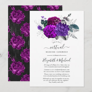 Invitación Boda virtual floral de púrpura real y plata