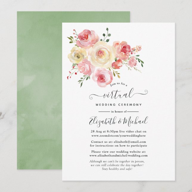Invitación Boda virtual floral de Rubor y Pastel amarillo (Anverso / Reverso)