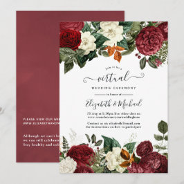 Invitación Boda virtual floral en rojo vino de Borgoña en lín