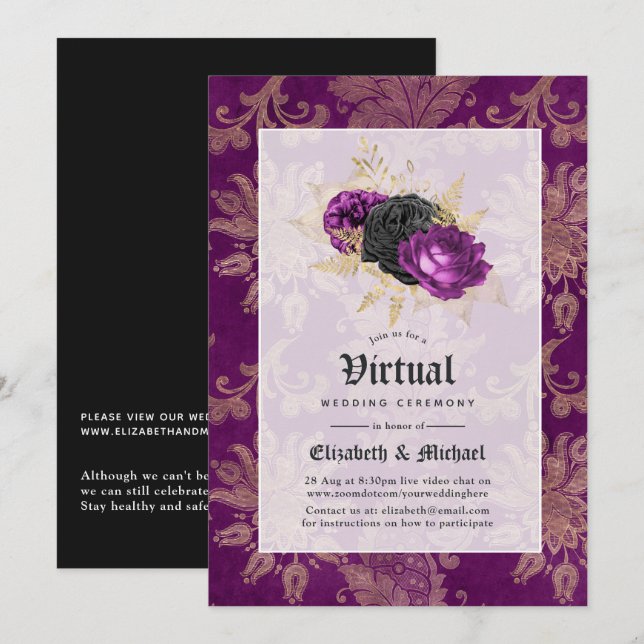 Invitación Boda virtual floral gótica en línea (Anverso / Reverso)