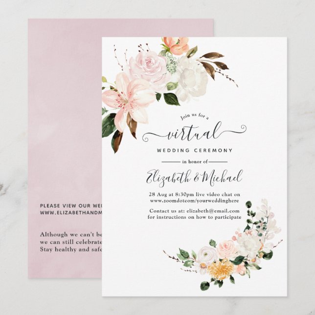 Invitación Boda virtual floral pastel en línea (Anverso / Reverso)